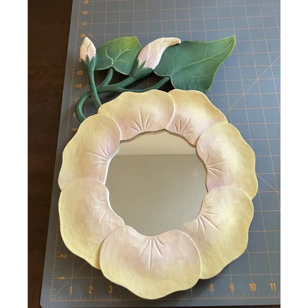 VTG Cottagecore Wooden Floral Wall Mirror Pink/Yellow/Green Frame Wall Mounted